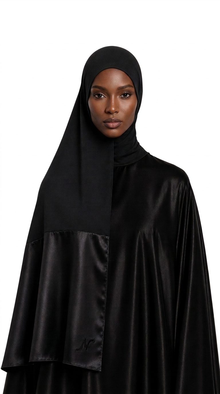Hijab Modal Satin noir porté, doublure satin protectrice pour les cheveux