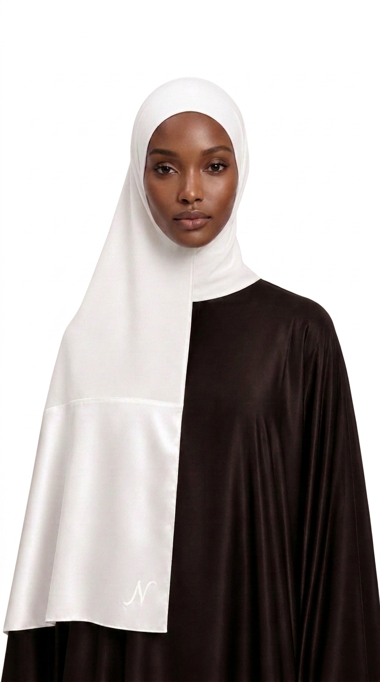 Hijab Modal Satin blanc porté, tombé fluide et élégant