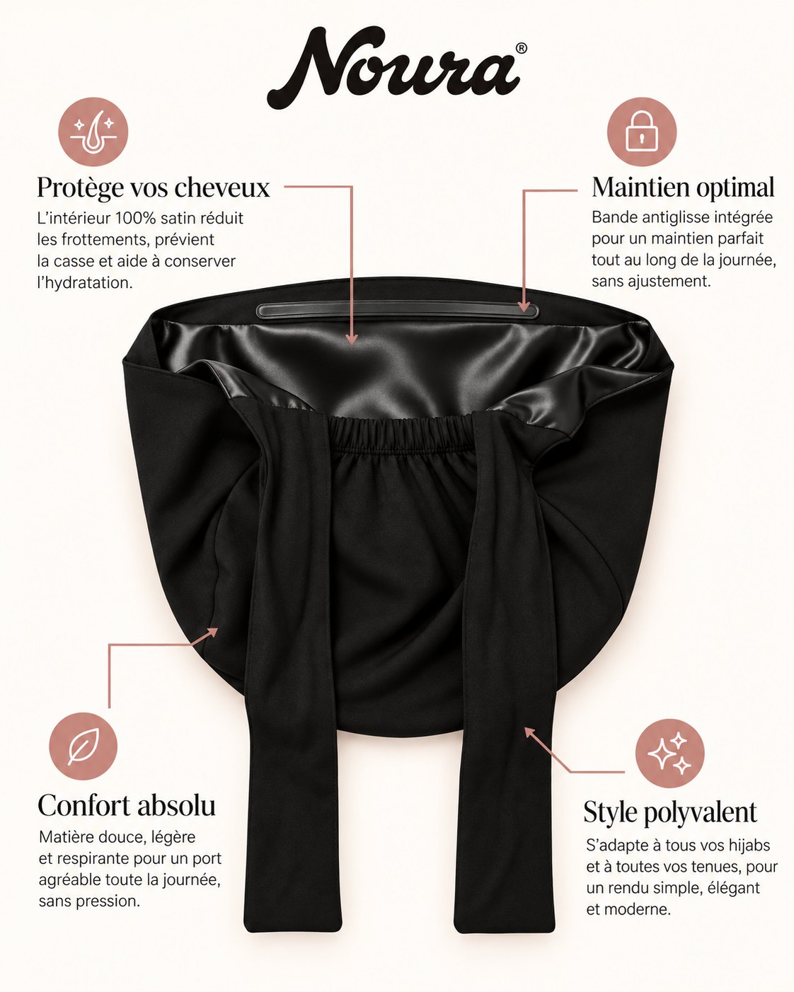 Détails du Sous-Hijab Satin NOURA : intérieur 100% satin qui réduit les frottements et la casse, bande antiglisse pour un maintien toute la journée, matière douce et respirante, style polyvalent sous tous les hijabs